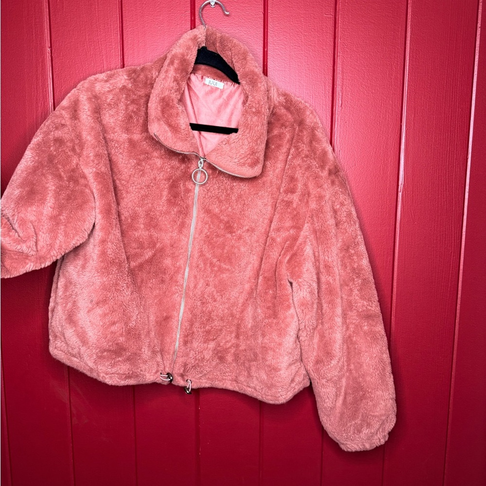 Pink Teddy Faux Fur Jacket Zip-Up Plush Coat L/XL - Picture 4 of 5